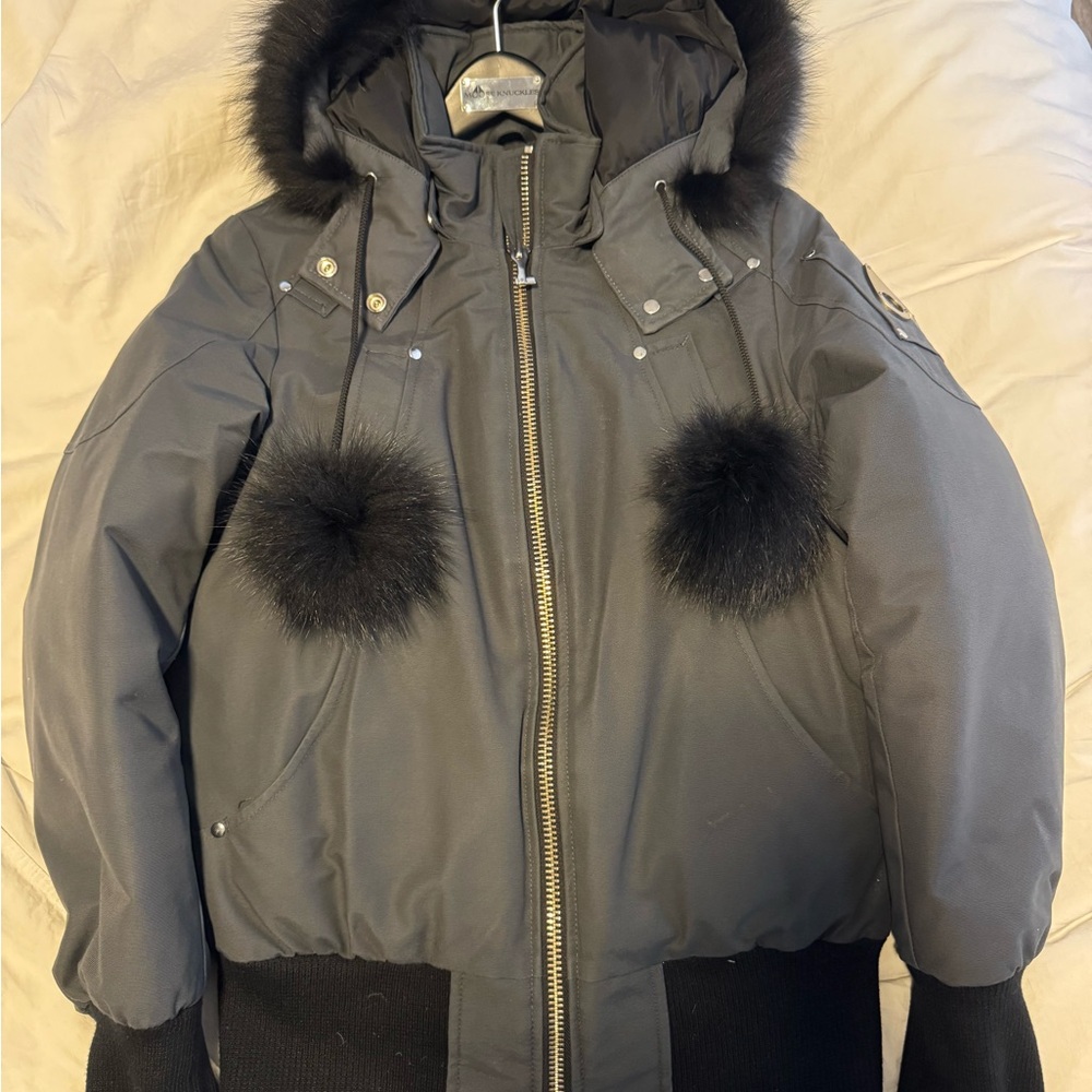 Moose Knuckles debbie bomber grey with black fur